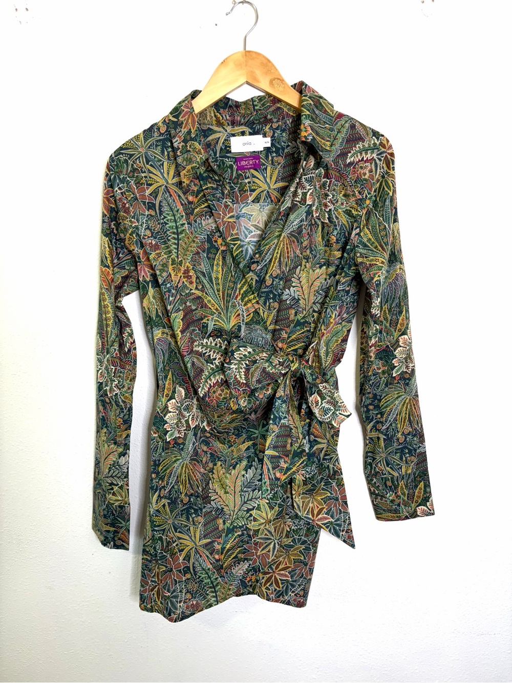 Onia Liberty Print Fabric Cotton Wrap top Green Navy Botanical Blouse M tunic - Picture 4 of 12